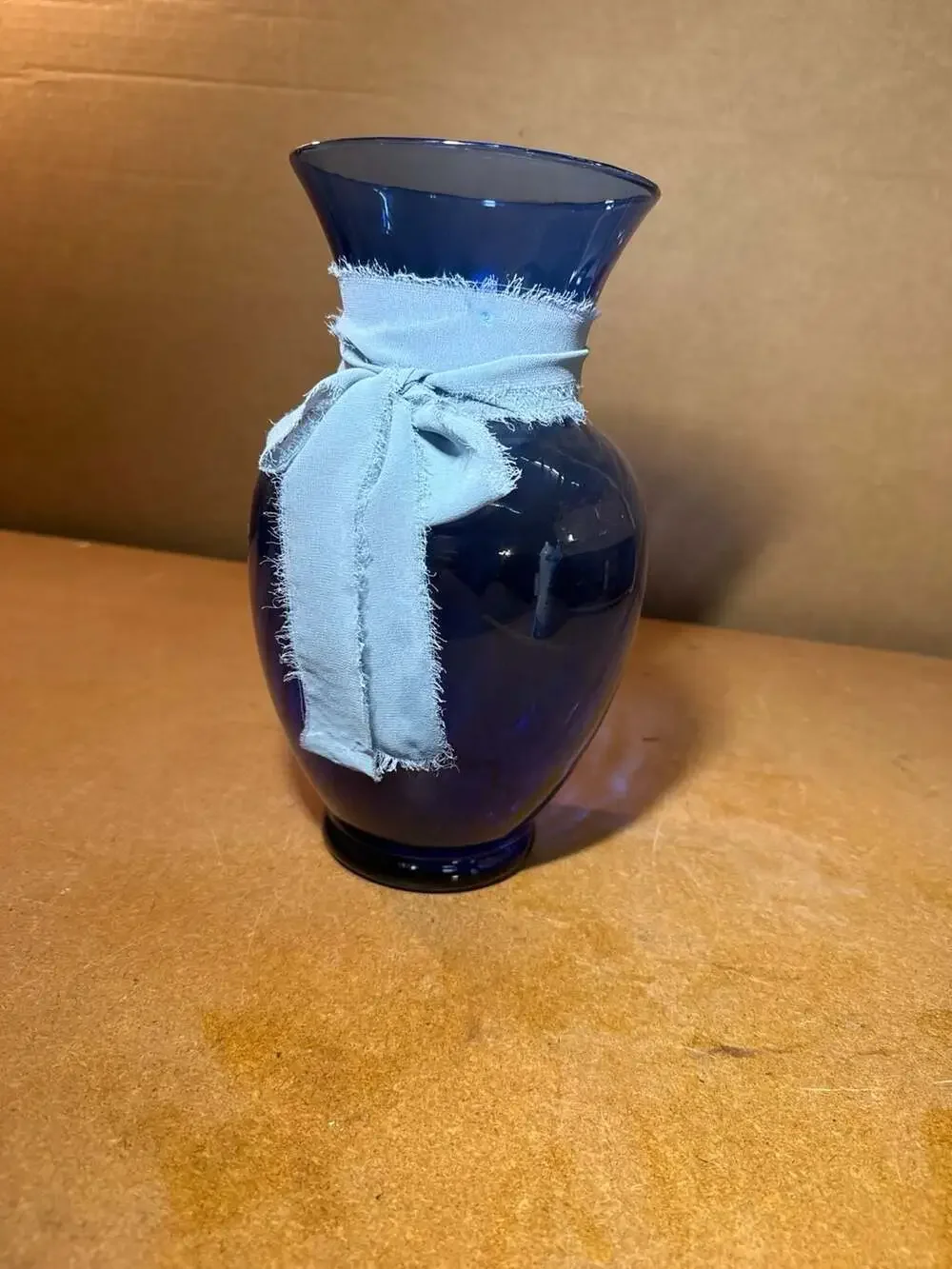Cobalt Blue Glass Flower Vase 5.5in Straw Ribbon Rustic Vintage Home Decor